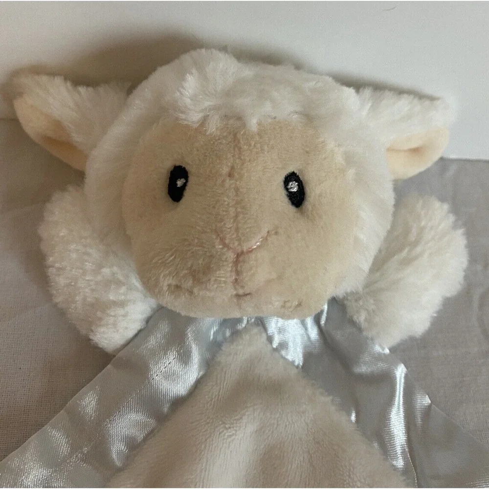 B Boutique White Lamb Lovey with Cross Baby Security Blanket Plush Toy Satin